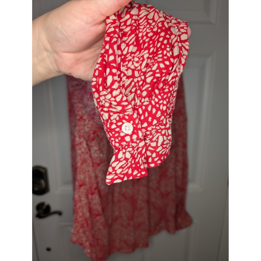 Loft Plus Red Cream Abstract Print V-Neck Ruffle Cuff Blouse Size 16 - Picture 4 of 6